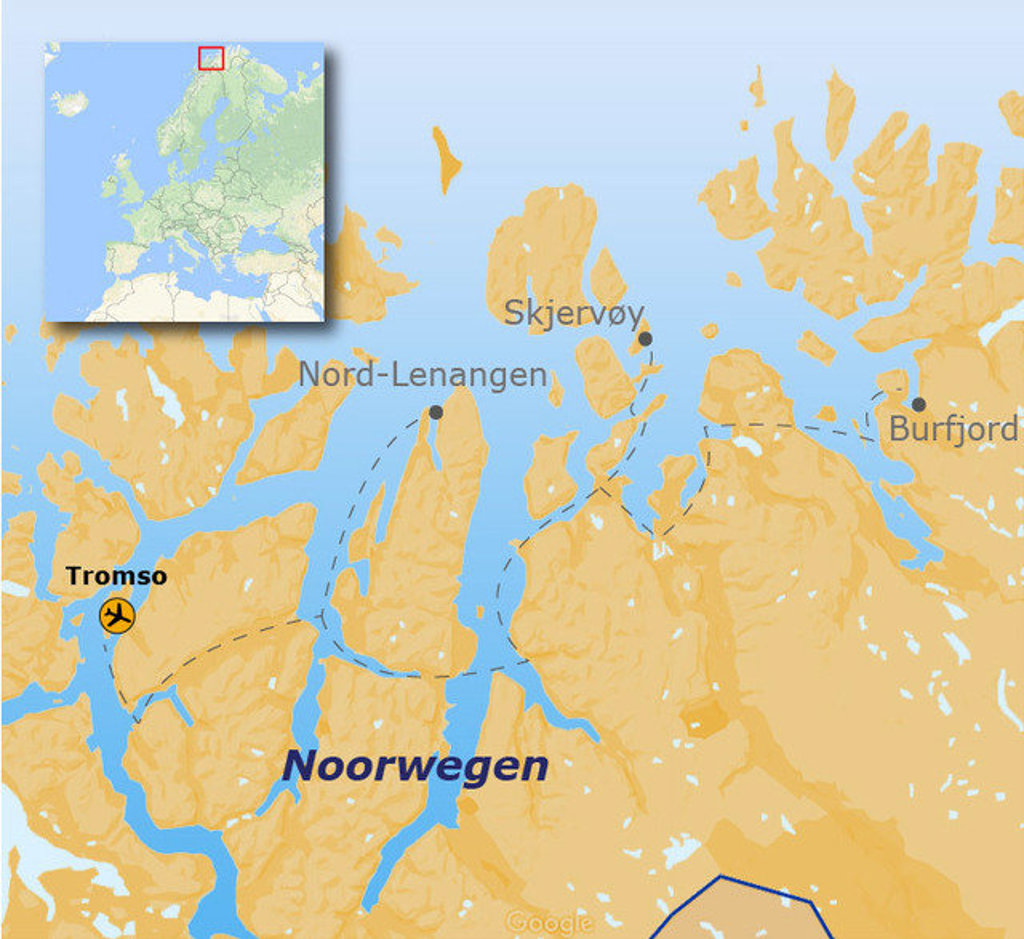 Routekaart zeilreis Noord-Noorwegen met start in Tromsø en vaarroute via Nord-Lenangen, Skjervøy en Burfjord.