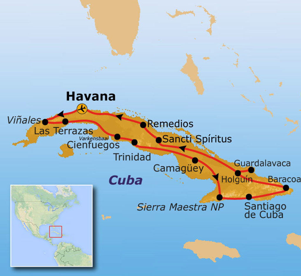 Routekaart Cuba  (24 dagen) met reisroute langs o.a. Havana, Viñales, Trinidad, Camagüey en Santiago de Cuba.