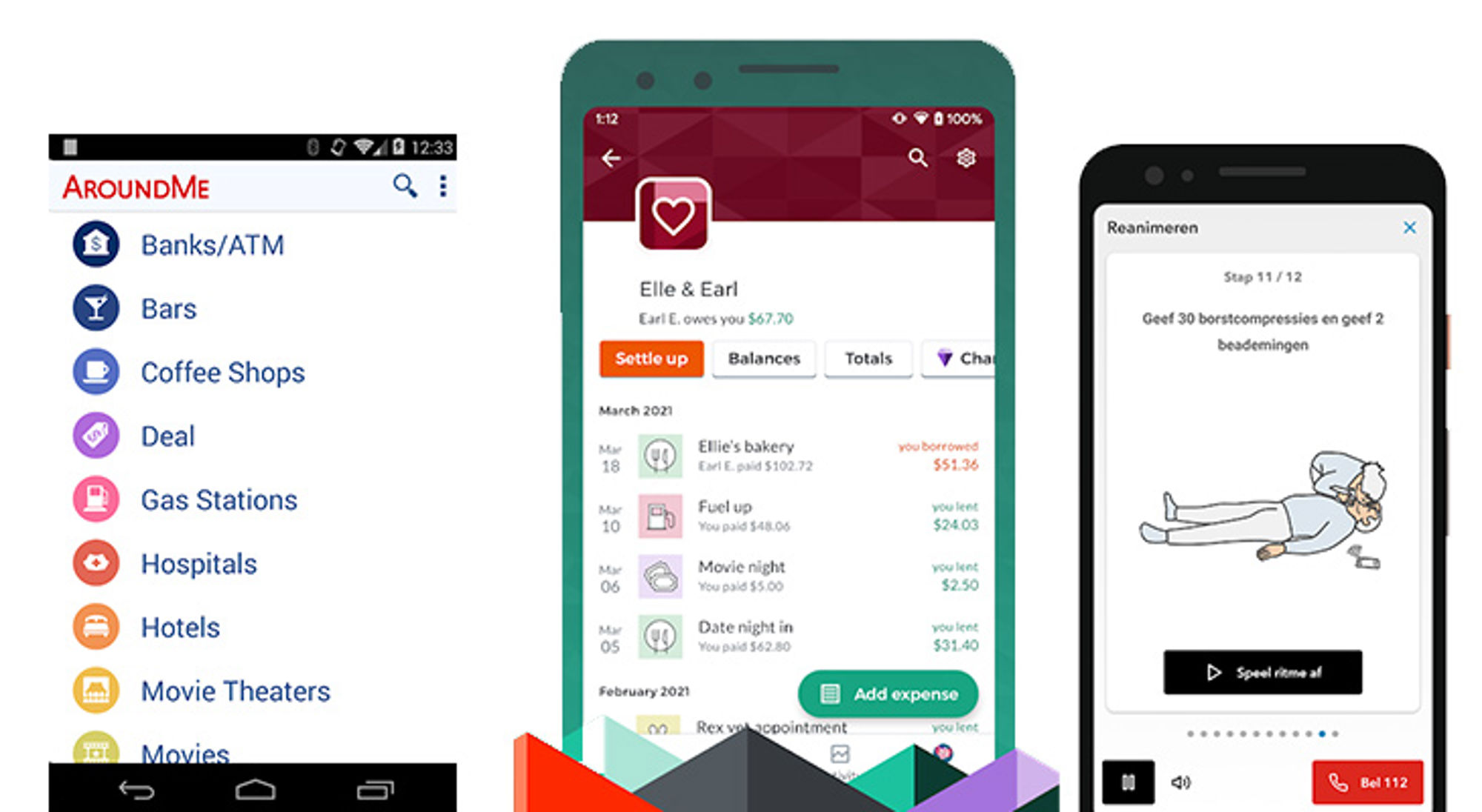 Apps AroundMe, Splitwise en EHBO app Screenshots van mobiele apps voor lokale gids, uitgaven delen en reanimatie-instructies.