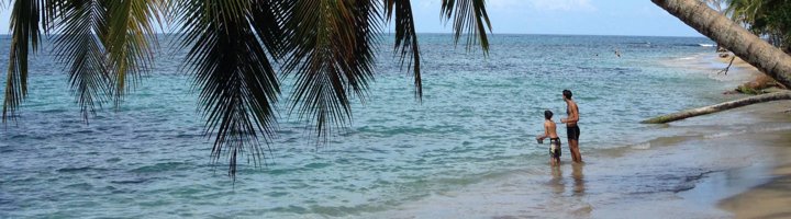 Palmenstrand bij Puerto Viejo de Talamanca in Costa Rica, met mensen die in zee staan.