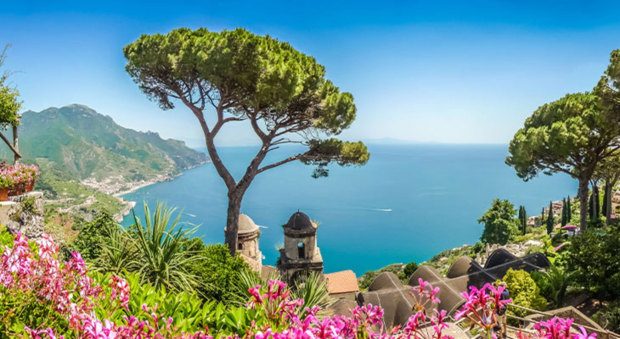 Amalfi Uitzicht over de Amalfikust met azuurblauwe zee, pijnbomen en roze bloemen op de voorgrond.