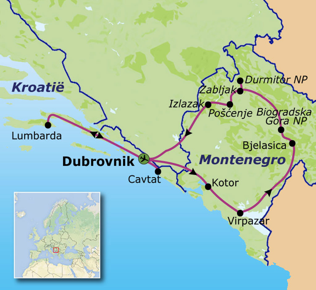 Routekaart Kroatië en Montenegro met reisroute via Dubrovnik, Kotor, Virpazar, Durmitor NP en Lumbarda.
