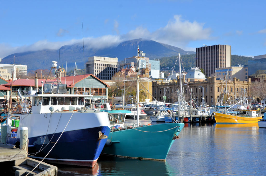 Vissersboten in de haven van Hobart, Tasmanië, met Mount Wellington op de achtergrond.