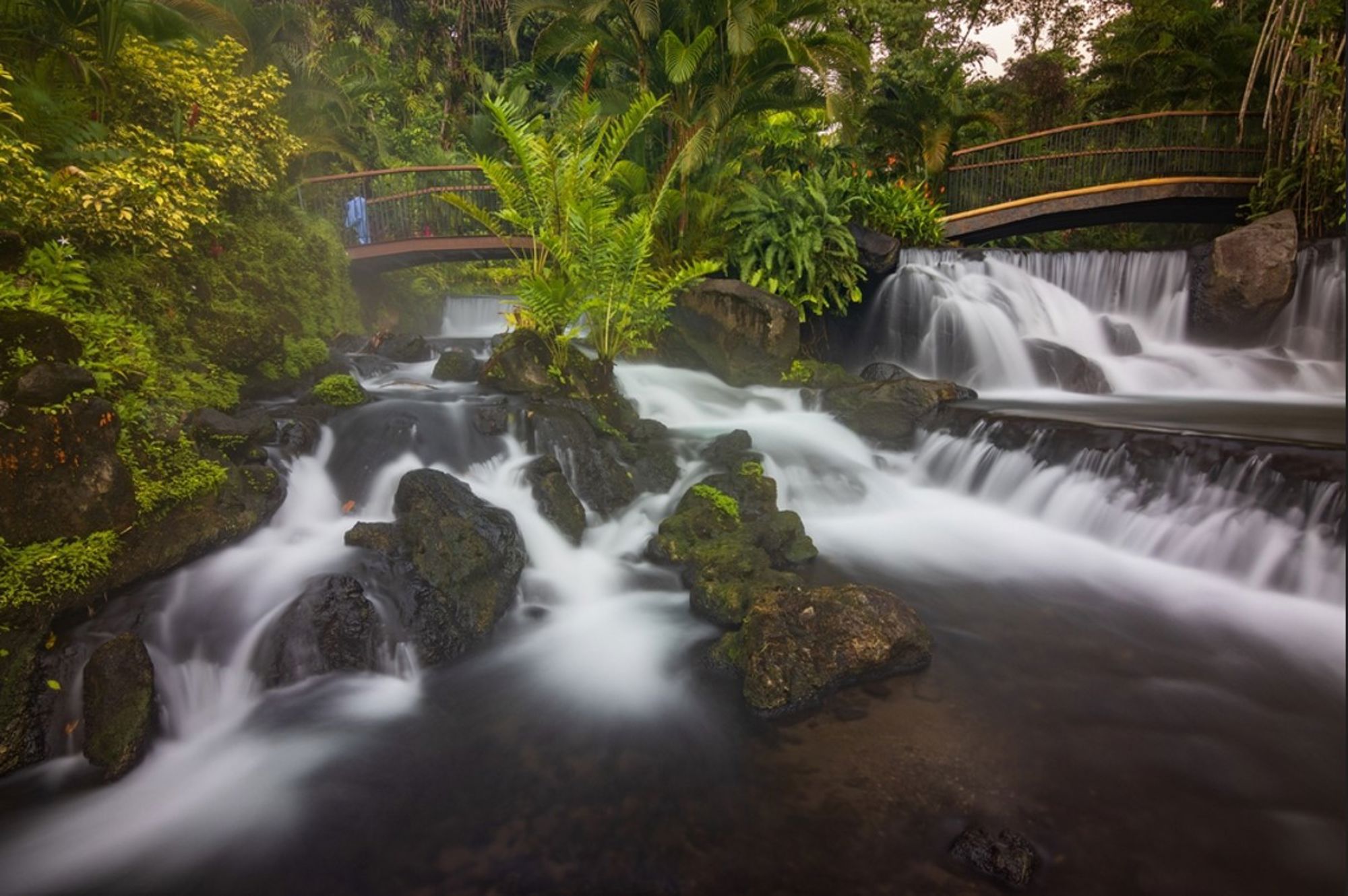 Waterval met brug in tropisch regenwoud in Costa Rica.