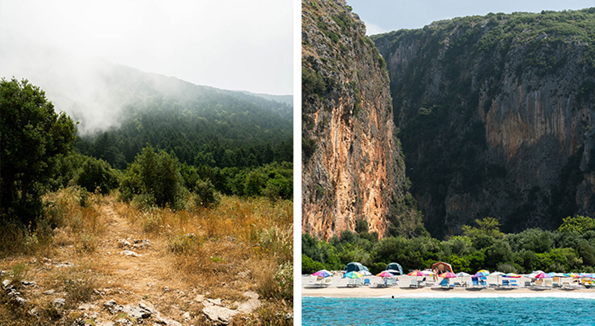 Natuur Albanië Wandelpad door groen bosgebied en strand met parasols aan turquoise zee, omringd door hoge rotskliffen.