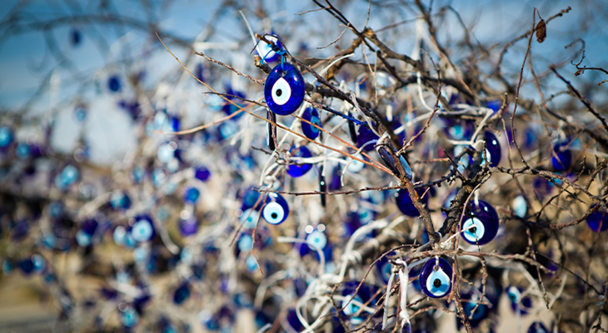 Boze oog Turkije Blauwe nazar-amuletjes aan takken, als bescherming tegen het boze oog.