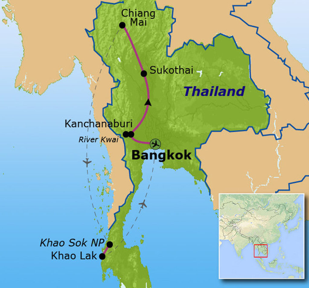 Routekaart Thailand Comfort Plus met Bangkok, Kanchanaburi, Sukothai, Chiang Mai, Khao Sok NP en Khao Lak.