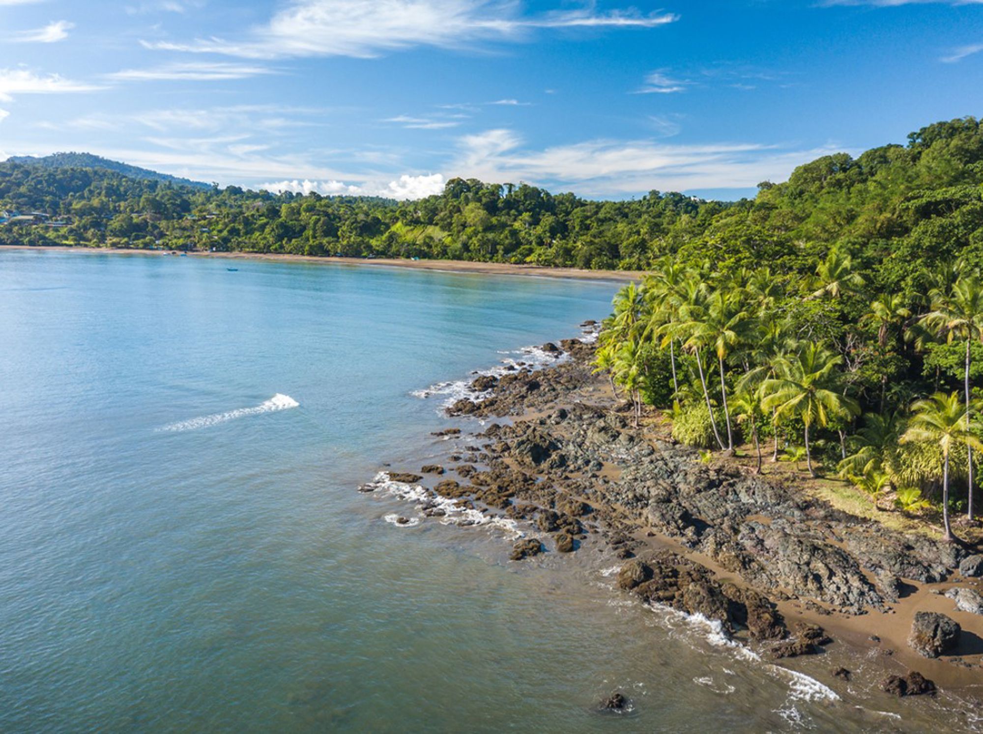 Tropische kustlijn in Costa Rica met palmbomen, rotsen en een rustige baai onder een blauwe lucht.