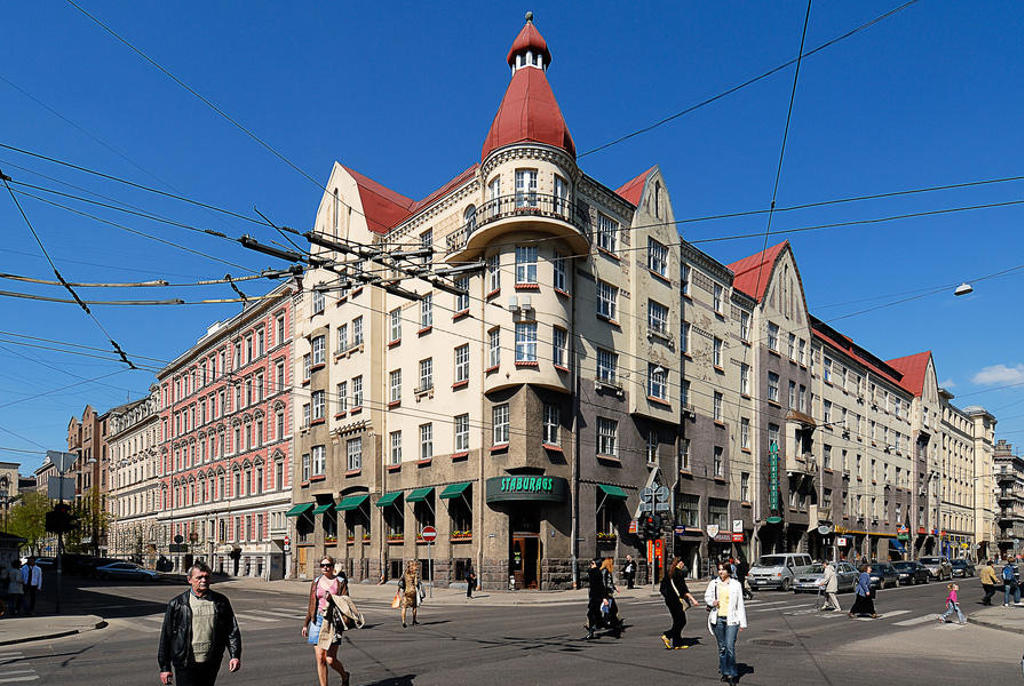 Historisch art-nouveaugebouw in Riga, Letland, tijdens familiereis Polen en Baltische Staten.