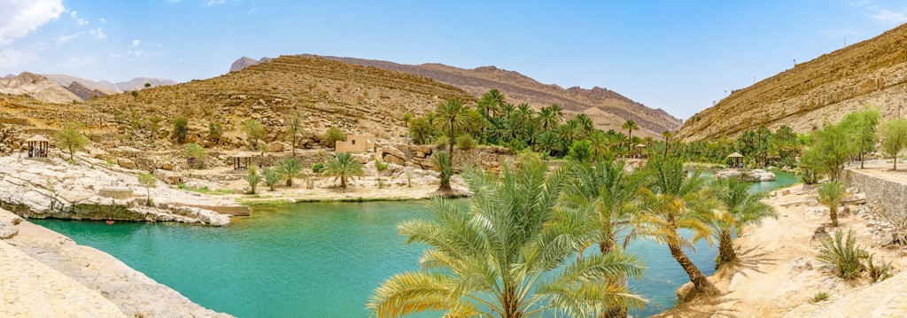 Groene wadi met palmbomen en bergen in Oman tijdens de groepsrondreis Oman en Dubai.