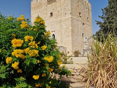 Middeleeuwse kasteeltoren op Cyprus met gele bloemen in de tuin, Route Cyprus.