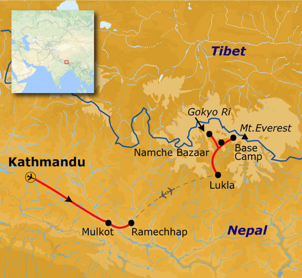 Routekaart Nepal Everest Base Camp met trek van Lukla via Namche Bazaar en Gokyo Ri naar Base Camp.
