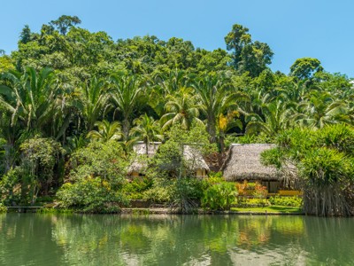 Rieten lodges aan een groene rivier, omringd door palmbomen en jungle in Guatemala.