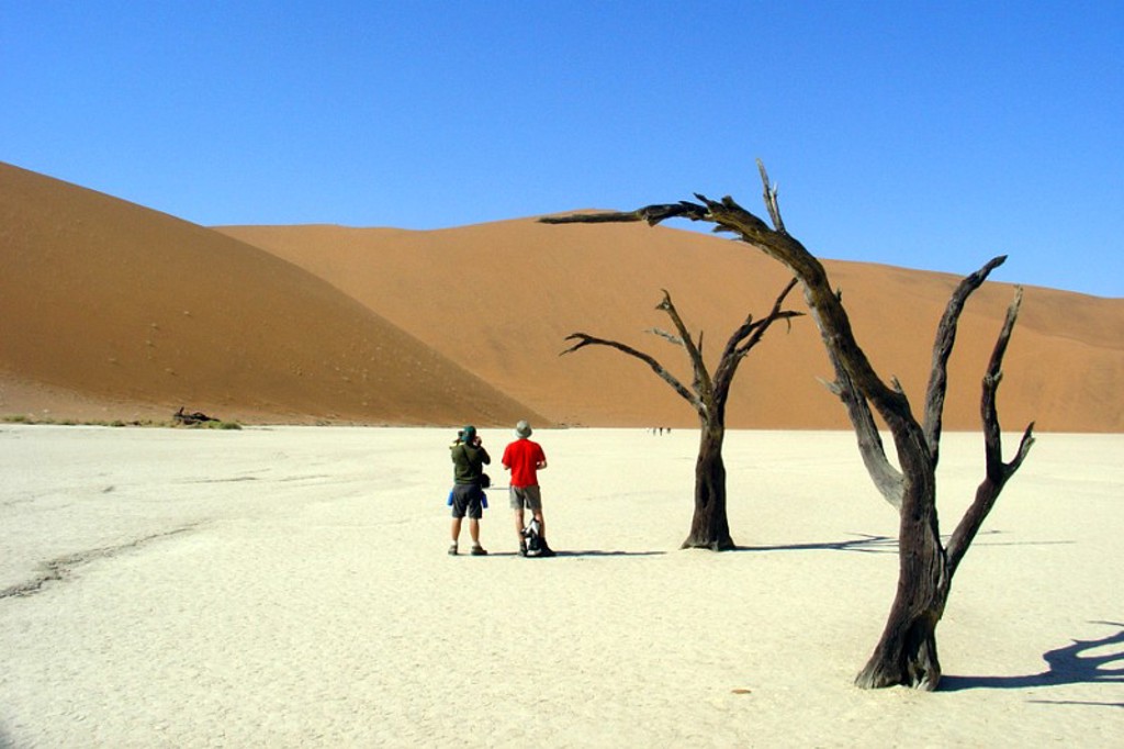 Reizigers bij dode acaciaboom op witte kleivlakte met zandduinen in Namibië tijdens familiereis.