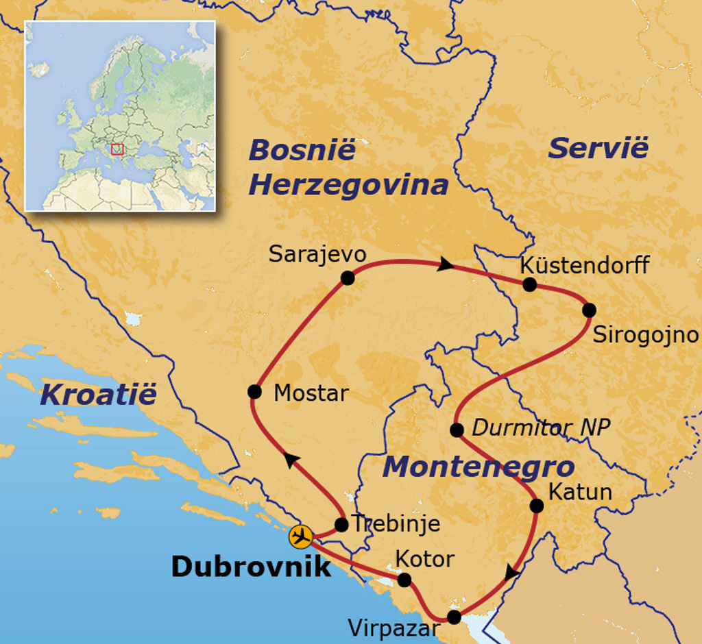 Routekaart Balkan rondreis langs Dubrovnik, Kotor, Virpazar, Durmitor NP, Sarajevo, Mostar, Küstendorff en Sirogojno.