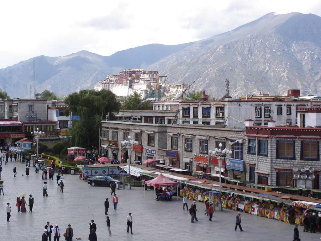 Potala-paleis in Lhasa met marktplein en bergen tijdens groepsrondreis Tibet en Nepal.