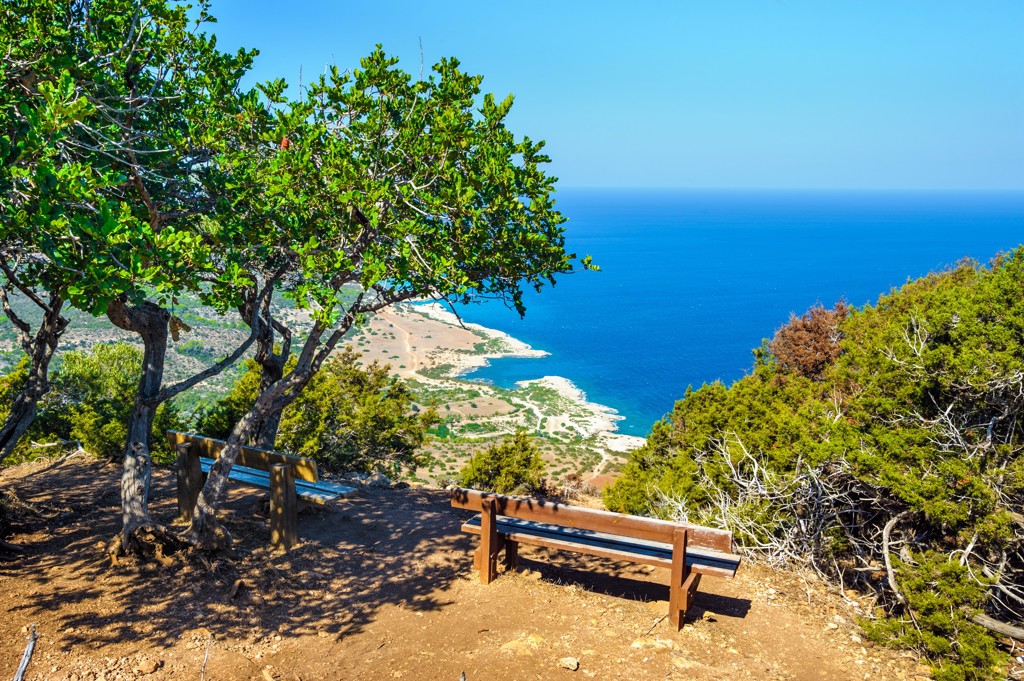 Uitzichtpunt met bankjes en bomen met uitzicht op de kust en zee van Cyprus.