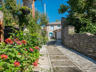 Sfeervol steegje met stenen huizen en bloemen in Noord-Griekenland, onderdeel van de Route Noord-Griekenland.