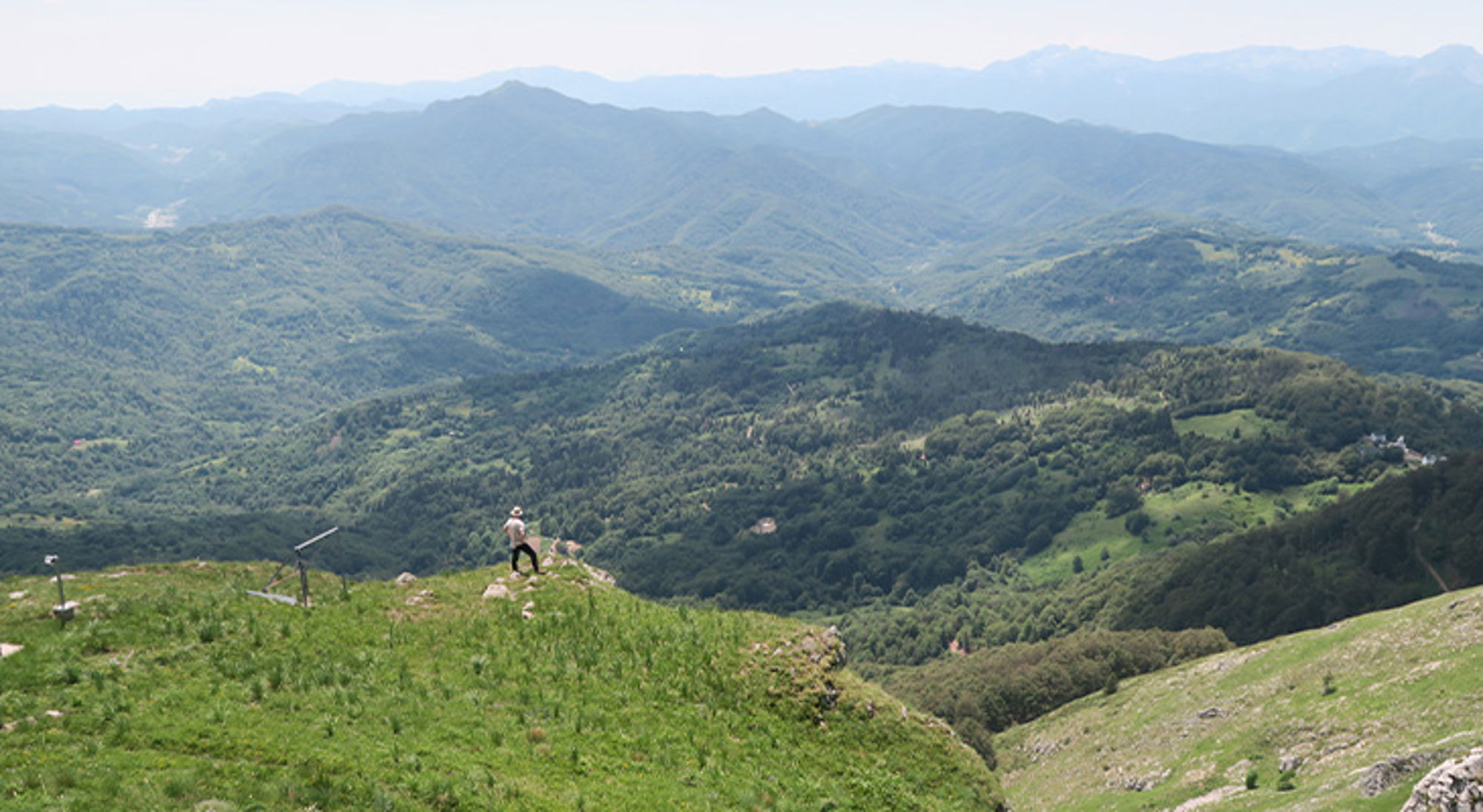 Wandelreis Montenegro Wandelaar op een groene bergkam met panoramisch uitzicht over beboste heuvels en bergen.