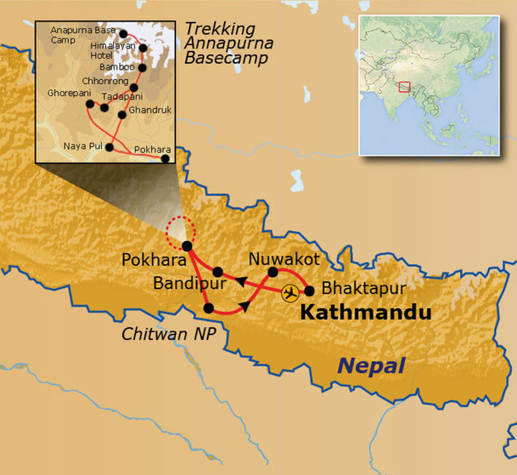 Routekaart Nepal Annapurna met trekking naar Annapurna Base Camp via Kathmandu, Pokhara, Bandipur en Bhaktapur.