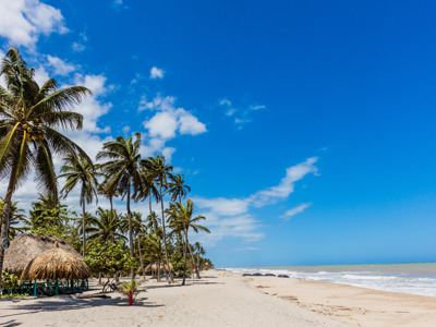 Palmen en rieten strandhutten aan een wit zandstrand aan de Caribische kust van Colombia.