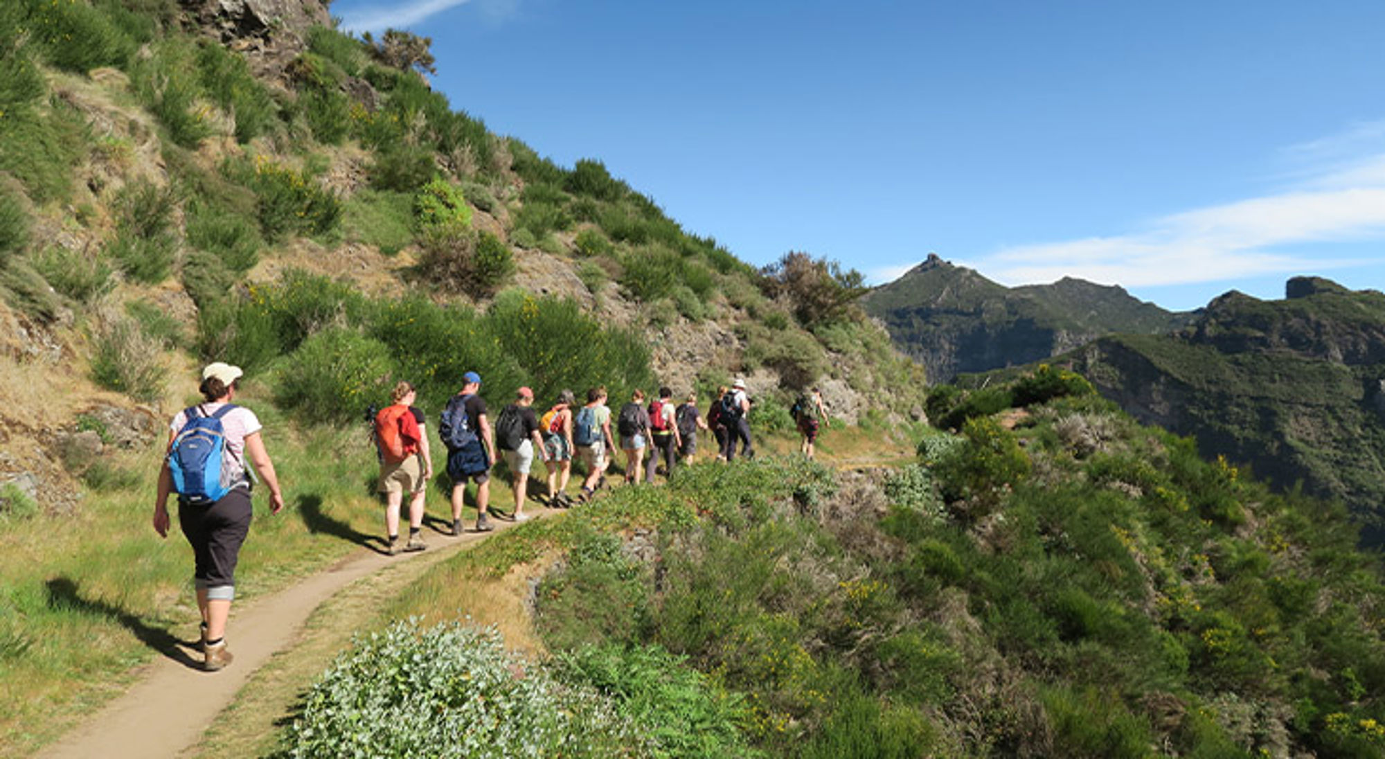 Groep wandelaars op een bergpad met uitzicht op groene heuvels en bergtoppen onder een blauwe lucht.