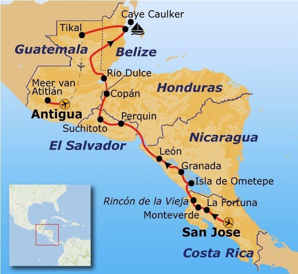Routekaart Trans Midden Amerika met reisroute langs Guatemala, Belize en Honduras, via o.a. Tikal, Copán en Antigua.