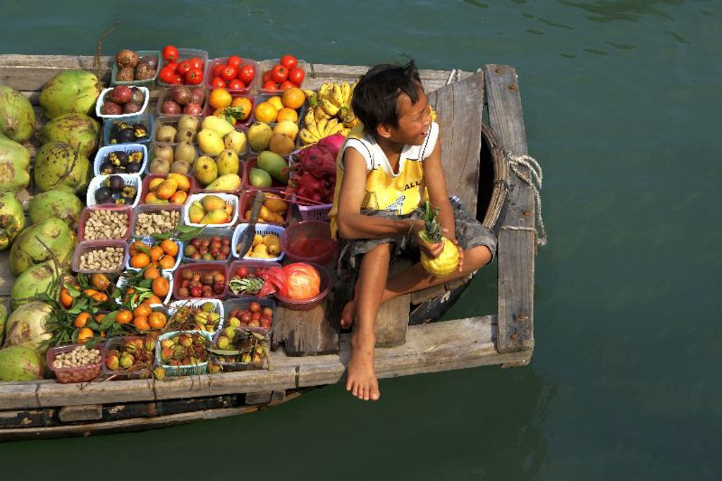 Fruitverkoper op een boot bij de drijvende markt in Vietnam tijdens een groepsrondreis.