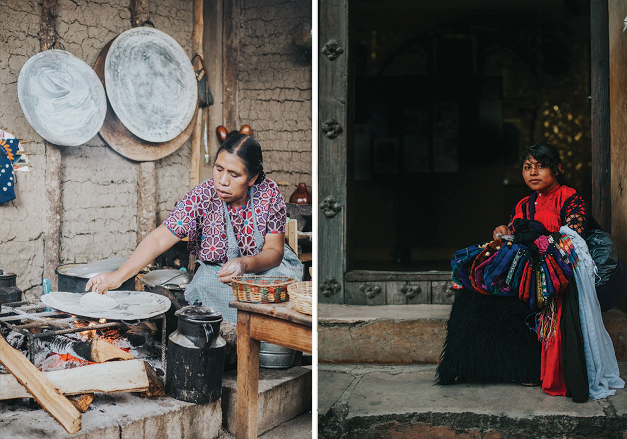 locals van san cristobal Vrouw bakt tortilla’s op een houtvuur, naast een vrouw in kleurrijke traditionele kleding met geweven stoffen.