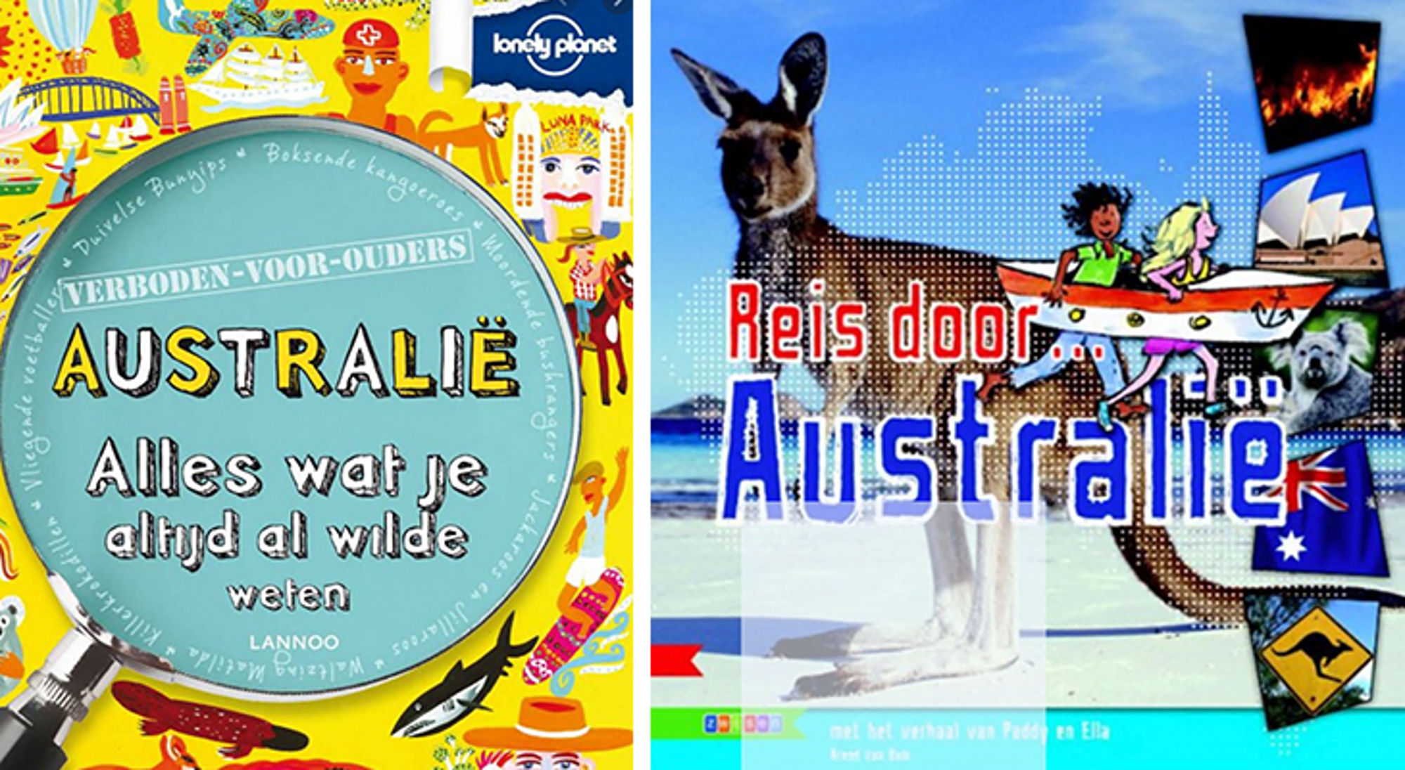 Boekcovers met reisthema Australië, met kangoeroe en tekst “Reis door Australië” en “Australië: alles wat je altijd al wilde weten”.