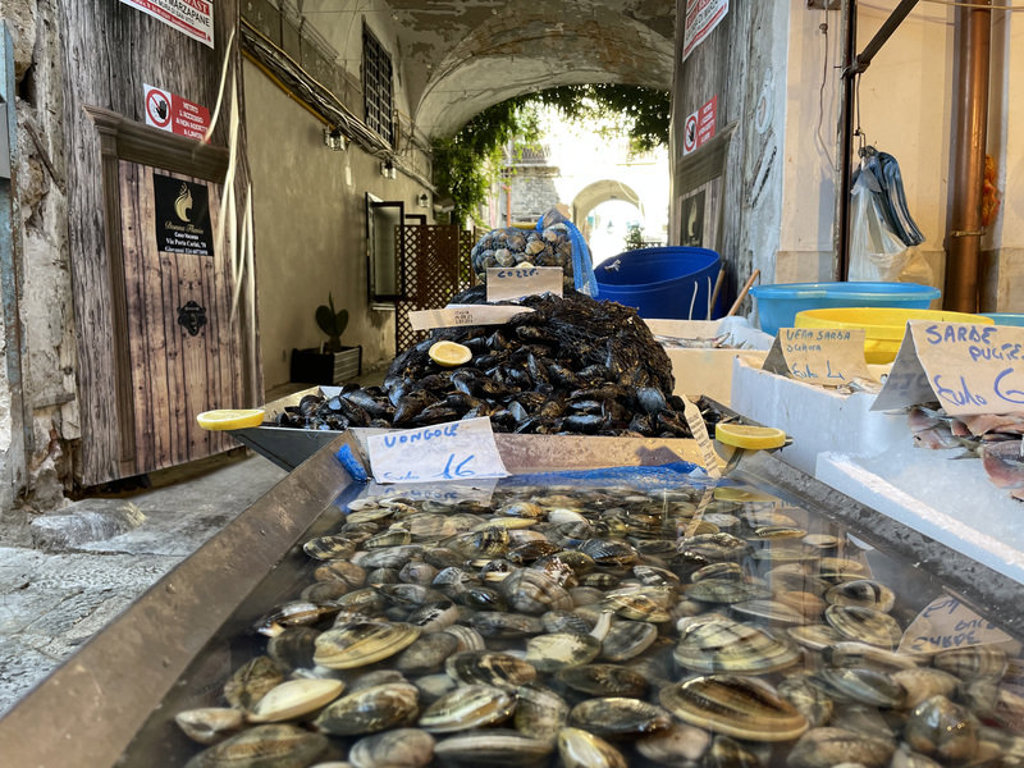 Viskraam met verse mosselen en schelpen op een lokale markt in Zuid-Italië.
