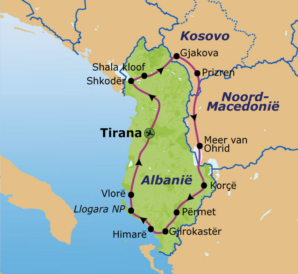 Routekaart Albanië, Kosovo en Noord-Macedonië met reisroute langs Tirana, Shkodër, Prizren en Meer van Ohrid.