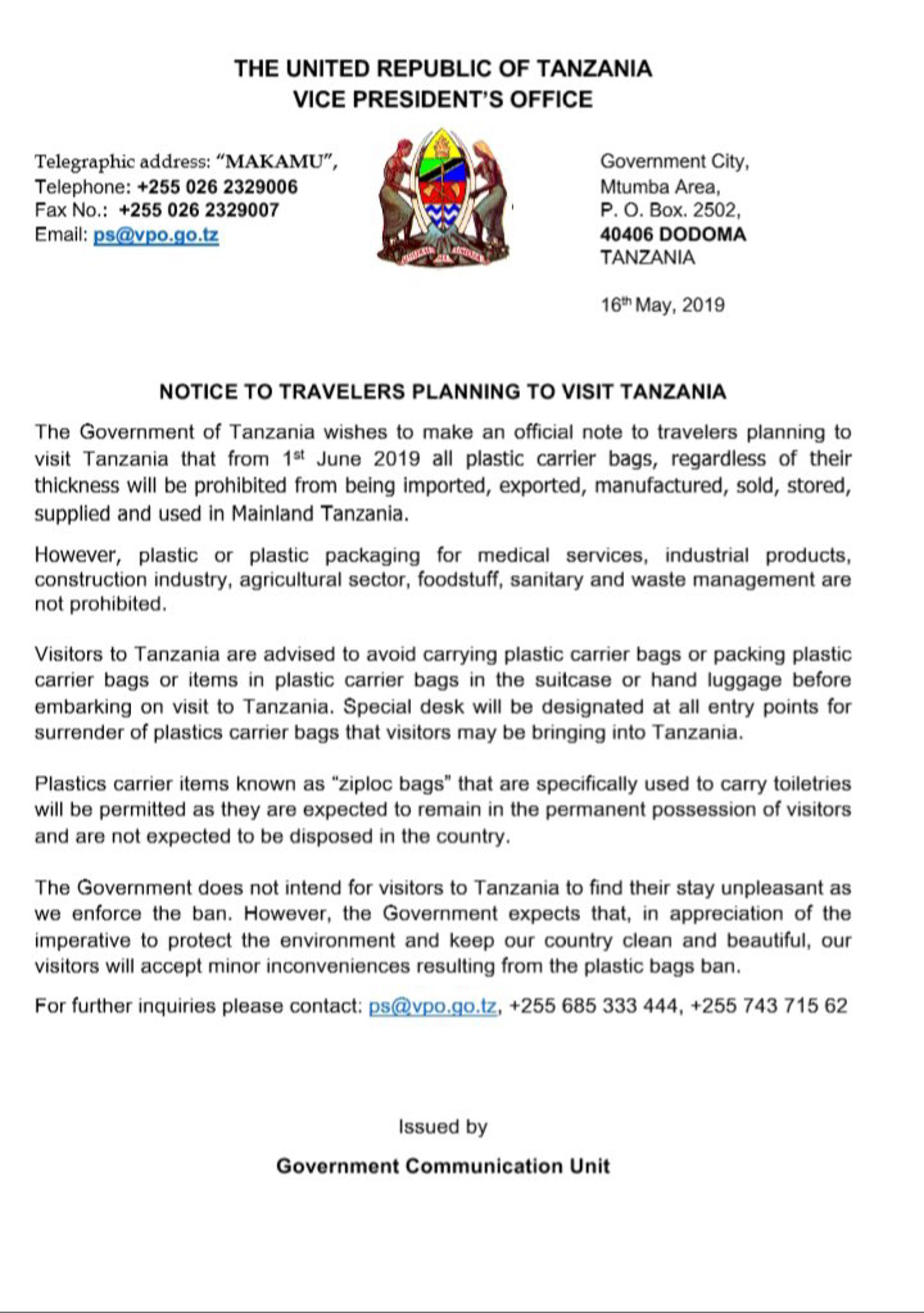 Reisadvies Tanzania van het ministerie van Buitenlandse Zaken, met stempel en tekst “Notice to travellers planning to visit Tanzania”.