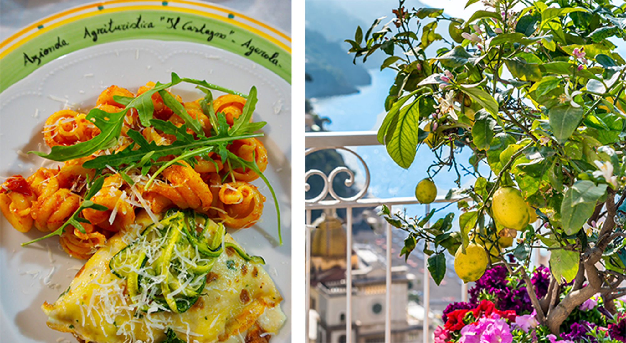 Italiaanse pasta met rucola en kaas, met citroenboom en uitzicht op zee vanaf een balkon.