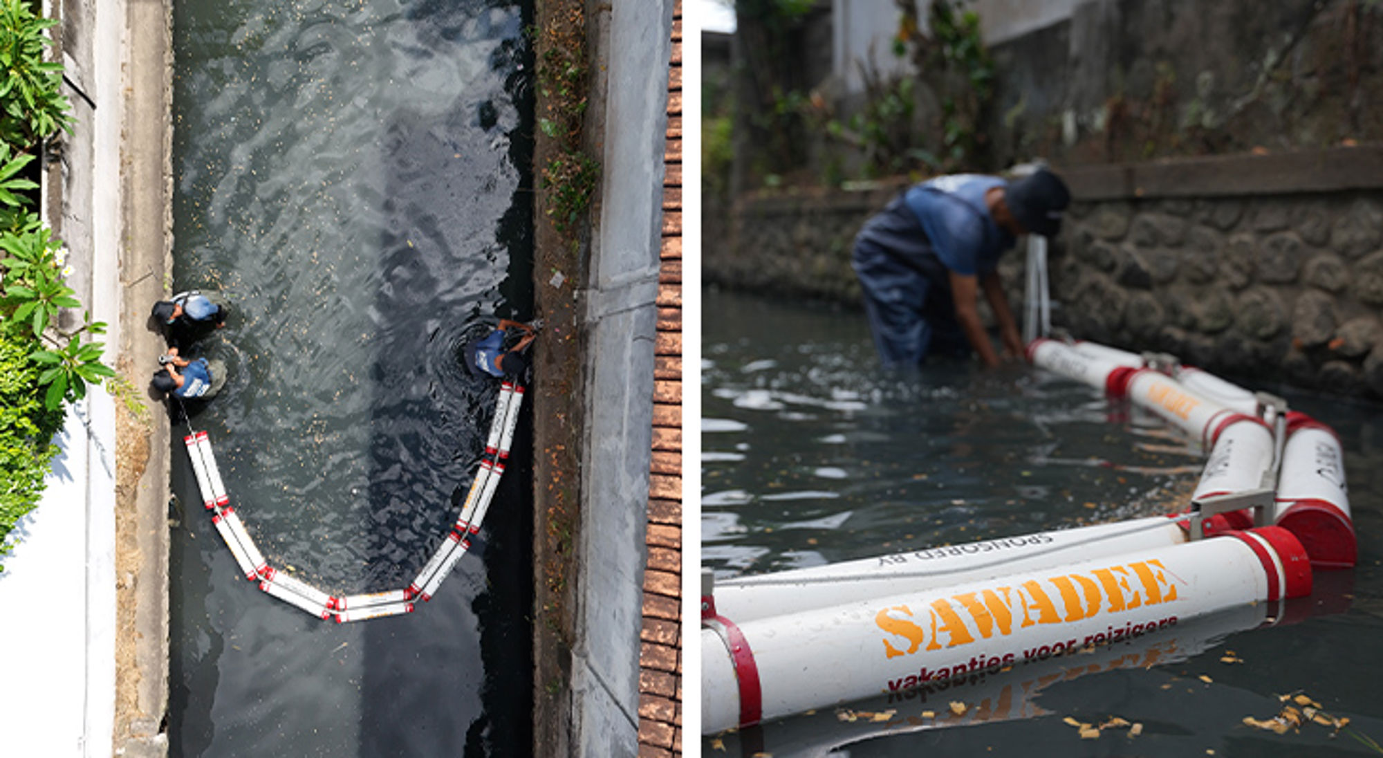Sawadee afvalbarrière in Bali Medewerkers plaatsen een drijvende afvalbarrière in een kanaal om plastic en afval op te vangen.