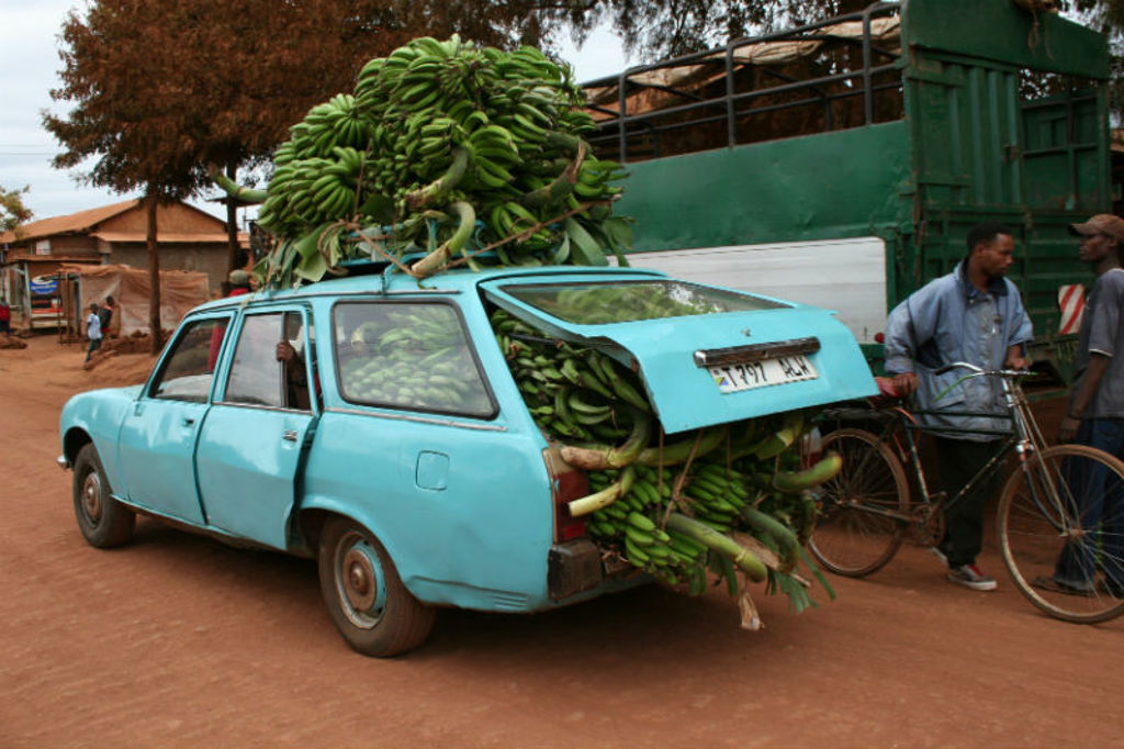 Blauwe auto volgeladen met bananen op een markt in Kenia tijdens groepsrondreis Kenia, Tanzania en Zanzibar.