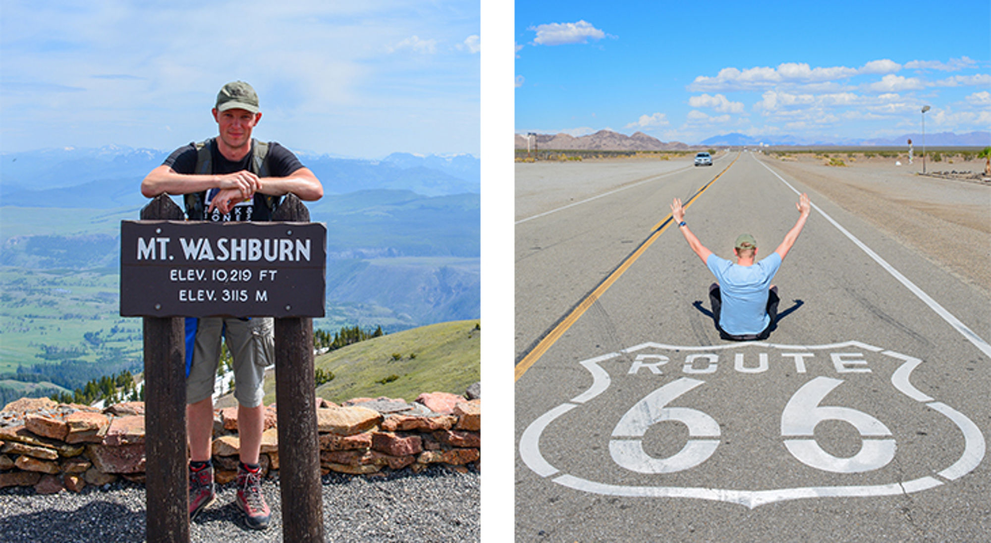 Man bij het bord Mt. Washburn en zittend op Route 66 op een lange, lege weg.