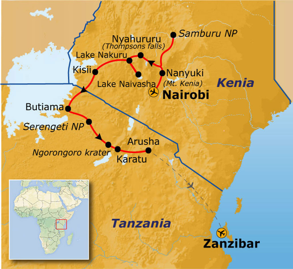 Routekaart Kenia, Tanzania en Zanzibar met reisroute via Nairobi, Samburu, Serengeti, Ngorongoro, Arusha en Zanzibar.