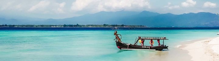 Palmbomen langs het witte zandstrand en turquoise zee op de Gili Eilanden, Indonesië.