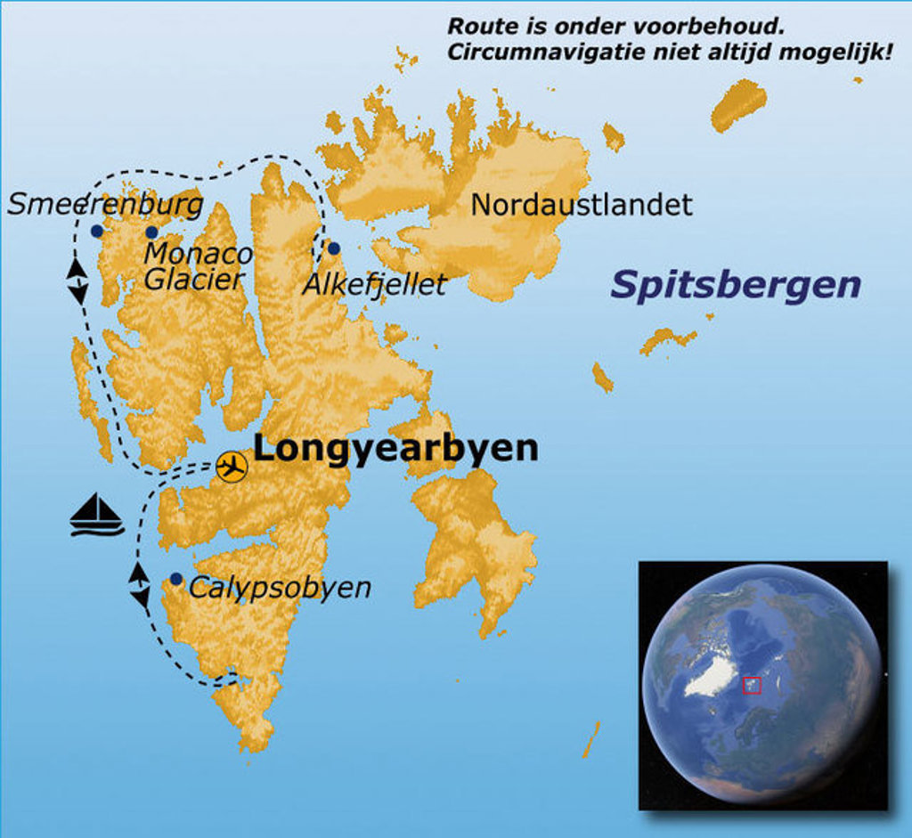 Routekaart Spitsbergen 11 dagen met vaarroutes langs Longyearbyen, Smeerenburg, Monaco Glacier en Calypsoøya.
