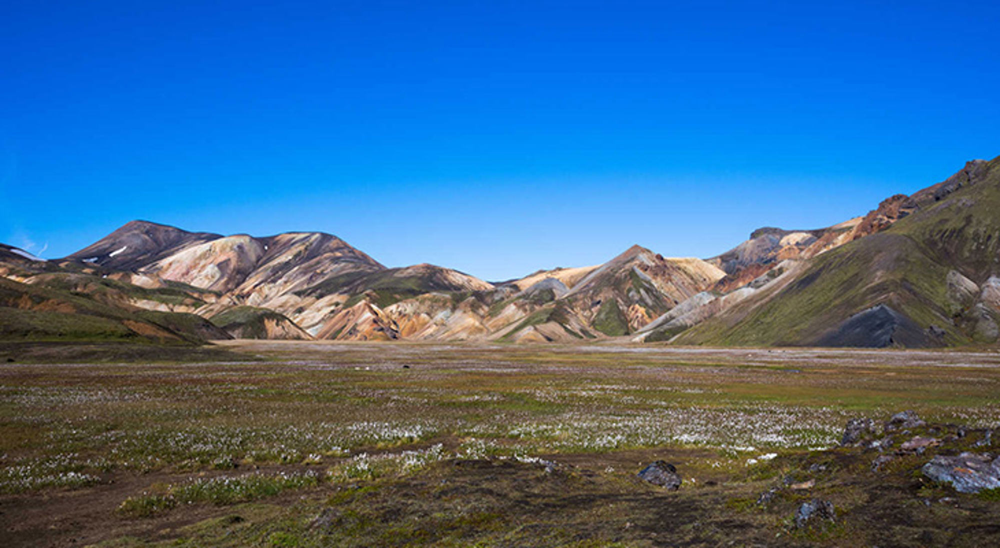 Wandelvakantie IJsland Panoramisch uitzicht op kleurrijke bergketen en groene vlakte onder een helderblauwe lucht.
