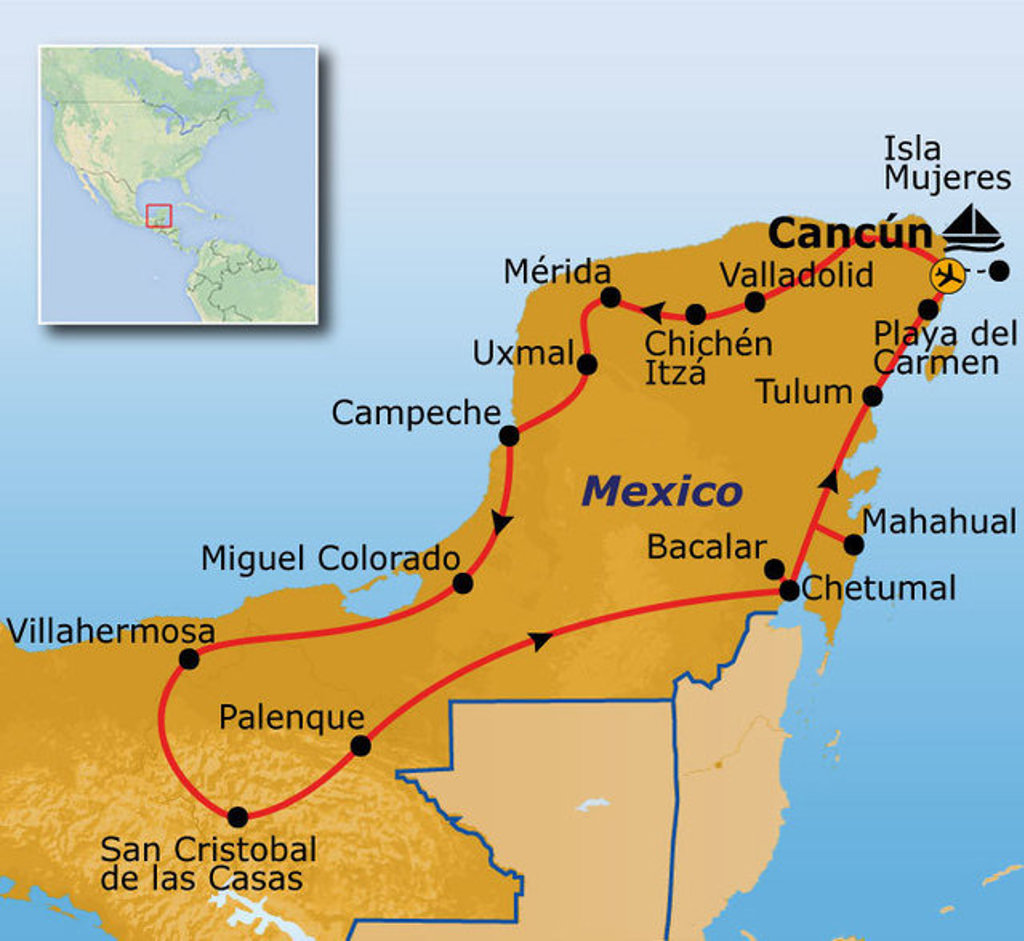 Routekaart Mexico met reisroute langs Cancún, Playa del Carmen, Tulum, Bacalar, Mérida, Palenque en San Cristóbal.