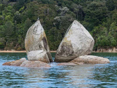 Split Apple Rock in Abel Tasman National Park, Nieuw-Zeeland, aan de kust tussen groen bos en zee.