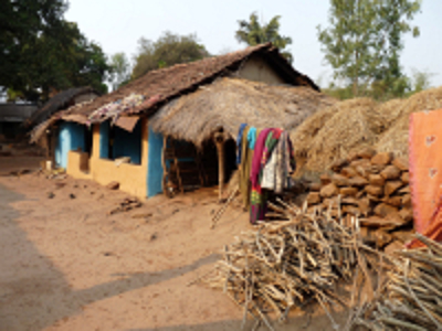 Traditionele dorpshuizen met rieten daken langs een zandpad in Orissa, India.