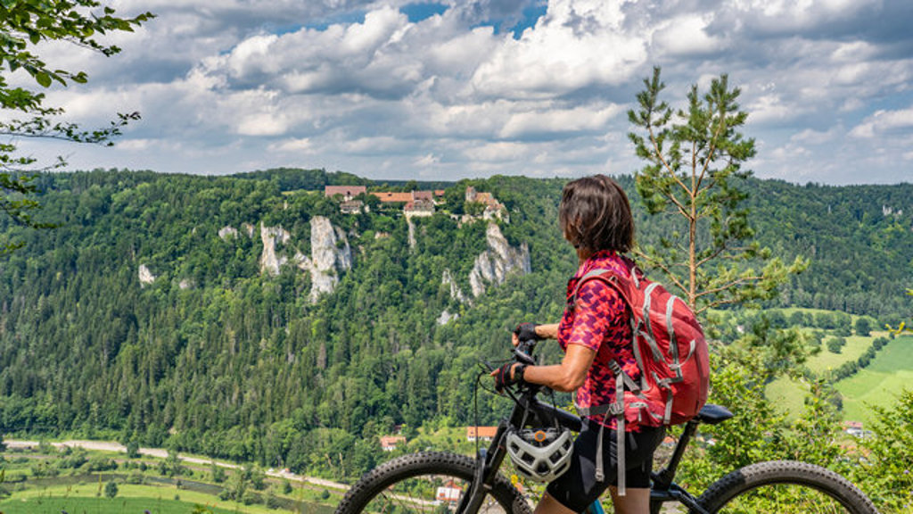 Fietser met rugzak kijkt uit over de Donauvallei met rotsen en kasteel in Oostenrijk.