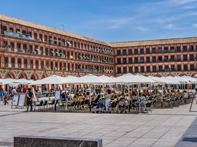 Terrassen met witte parasols op Plaza Mayor in Madrid tijdens familiereis Spanje & Portugal (22 dagen).
