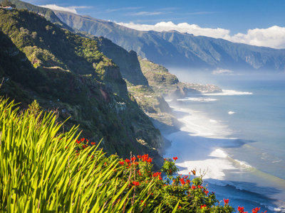 Uitzicht op de ruige kliffenkust van Madeira met groene bergen, bloemen op de voorgrond en de Atlantische Oceaan.