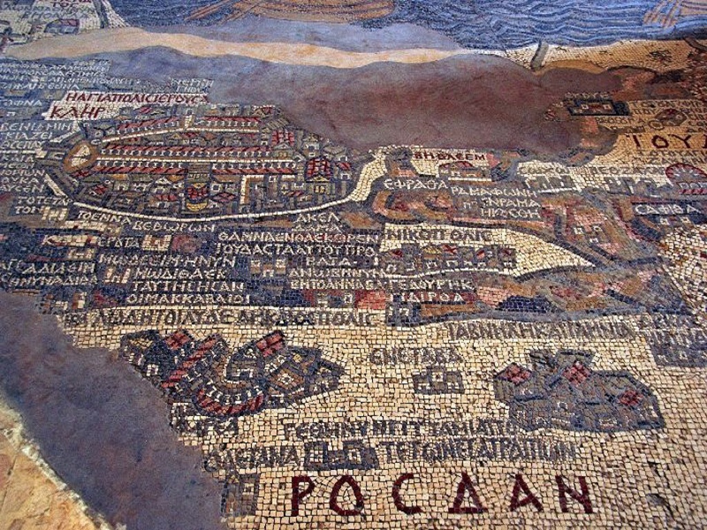 Mozaïekkaart van het Heilige Land in Madaba, Jordanië.
