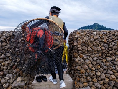 Haenyeo-duikster op Jeju met net en duikuitrusting tussen lavastenen muren, Route Zuid-Korea.