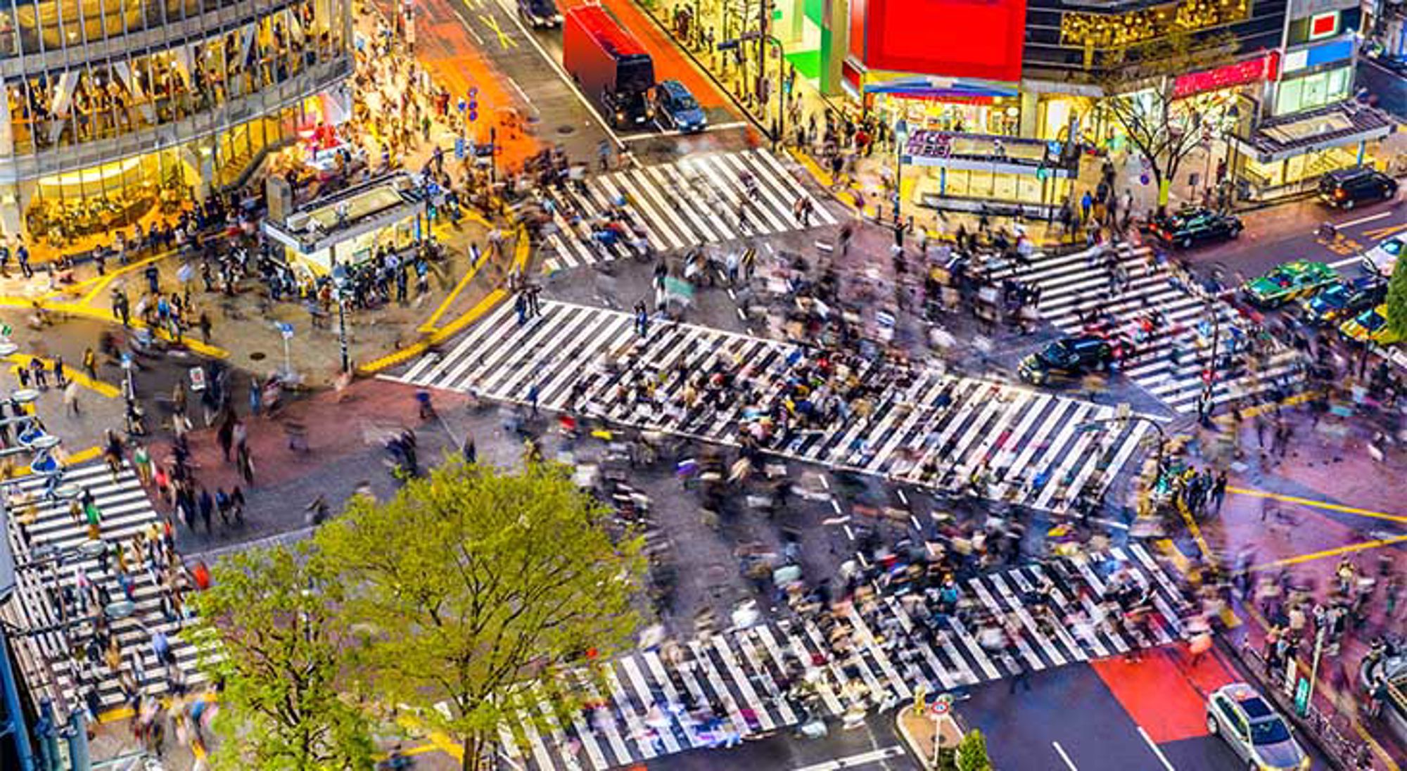 Shibuya kruispunt Drukke kruising met zebra-oversteekplaatsen en mensenmassa in Shibuya, Tokio.